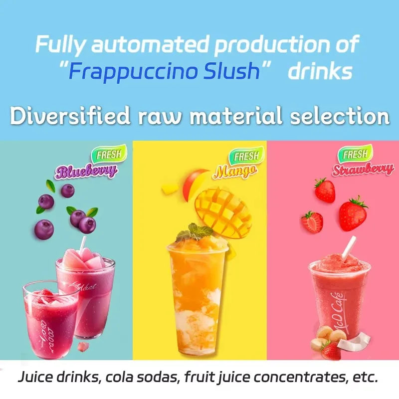 Colorful slushie vending machine promo with blueberry, mango, and strawberry drinks.