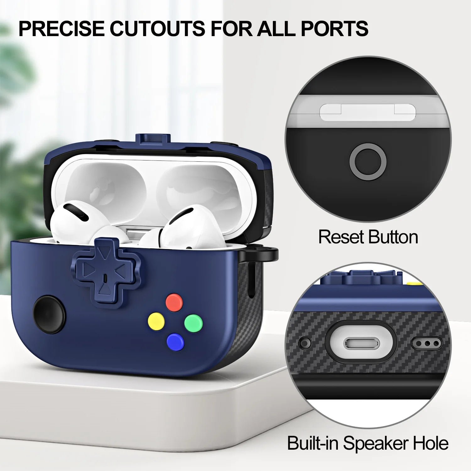 Navy blue retro controller-style AirPods Pro case with carbon fibre texture and precise port cutouts.