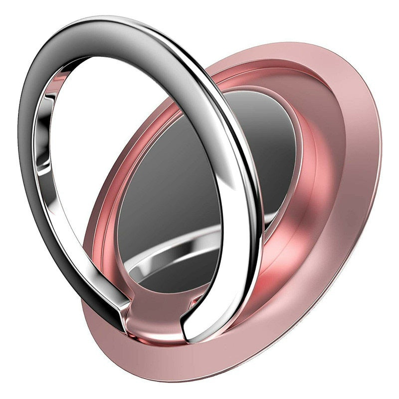 Rose gold circular phone ring holder with a polished silver-tone rotating ring stand.