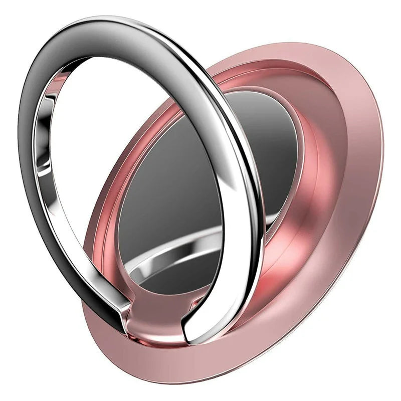 Rose gold smartphone ring holder with a polished, minimalist circular design and a silver-toned pivoting loop.