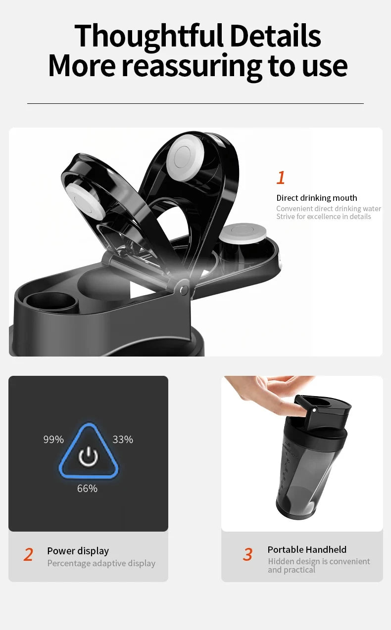 Black portable blender with a flip-top lid, digital power percentage display, and a sleek, compact design.