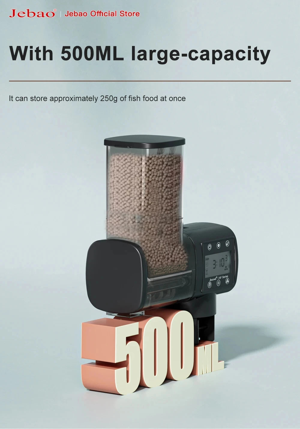 Automatic black digital fish food dispenser with a 500ml transparent hopper filled with pellets.