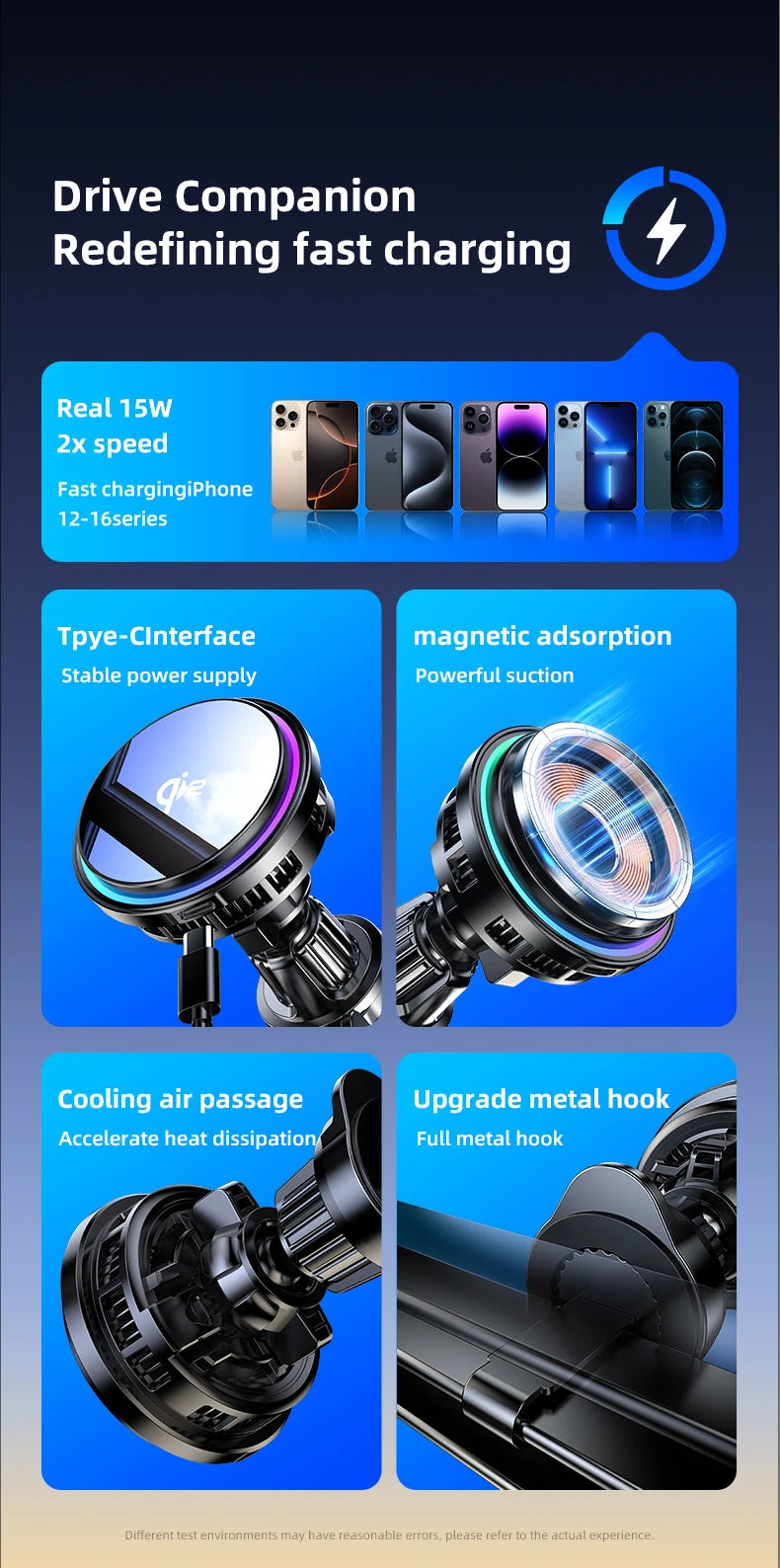 Black magnetic car phone charger with cooling fan, LED ring light, and metal hook attachment on a blue background.