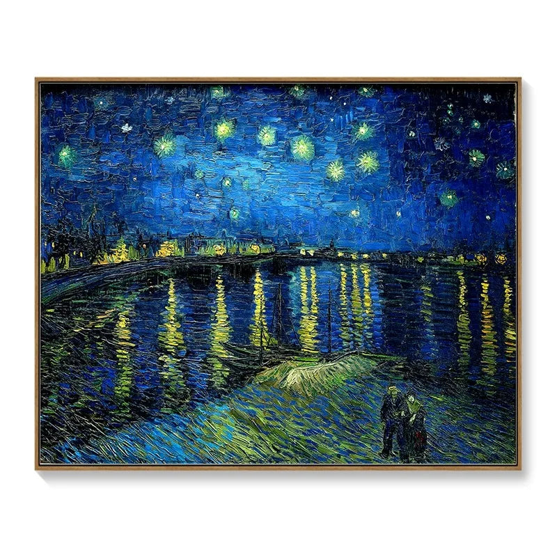 Framed wall art meter box cover featuring Van Gogh's Starry Night over the Rhône with deep blues and yellow highlights.