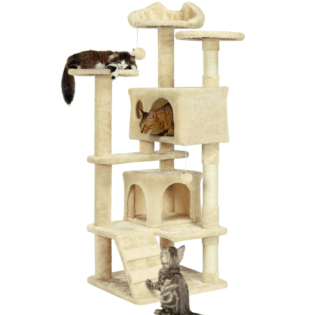 Beige, multi-level cat tree with scratching posts, climbing ramp, two cosy condos, and hanging play toys for cats.