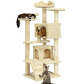Beige, multi-level cat tree with scratching posts, climbing ramp, two cosy condos, and hanging play toys for cats.