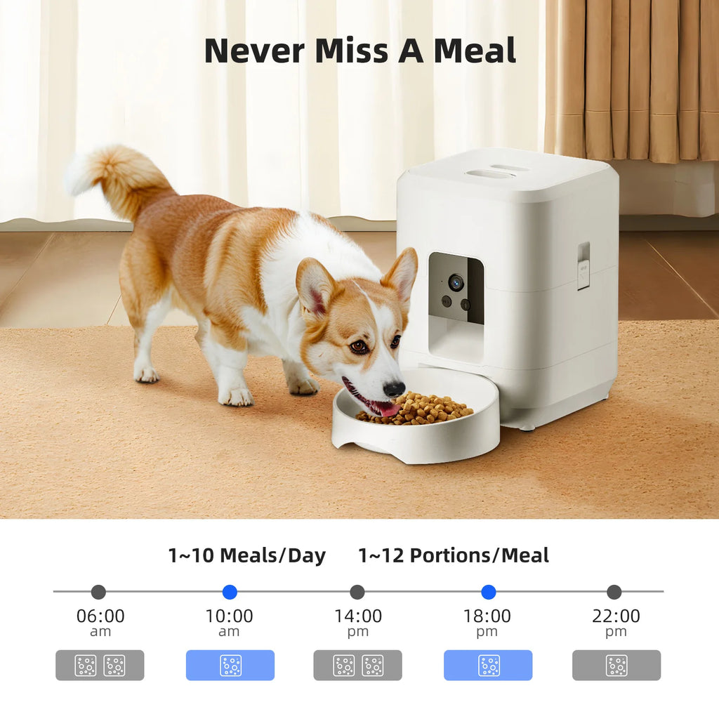 A white, modern automatic pet feeder with a camera, shown dispensing dry food to a Corgi on a rug.