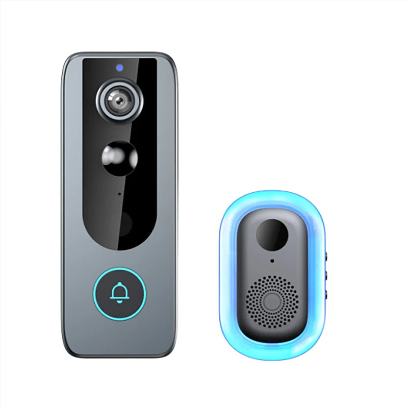 Wireless smart video doorbell in grey with a matching chime featuring a glowing blue ring light.