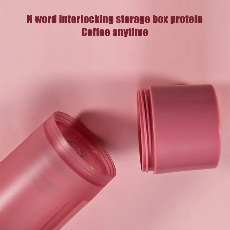 A pink, translucent, interlocking cylindrical storage container for powder or protein on a matching pink background.