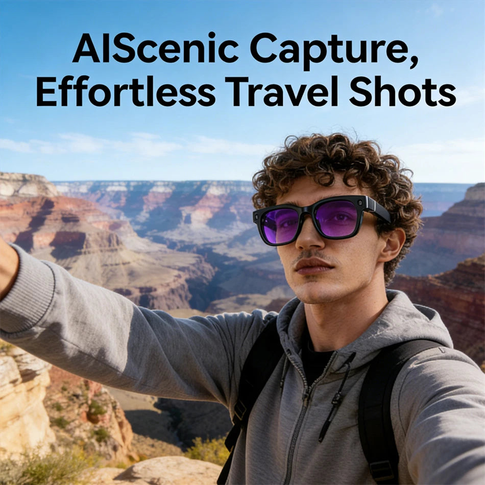 A young man wearing black smart AI camera glasses with purple-tinted lenses, taking a selfie against a canyon backdrop.