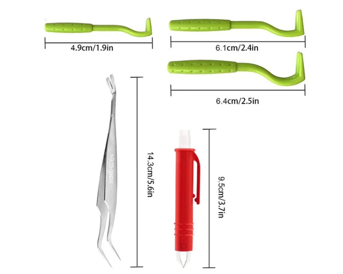 A set of tick removal tools including three green plastic hooks, silver metal tweezers, and a red plastic tool.