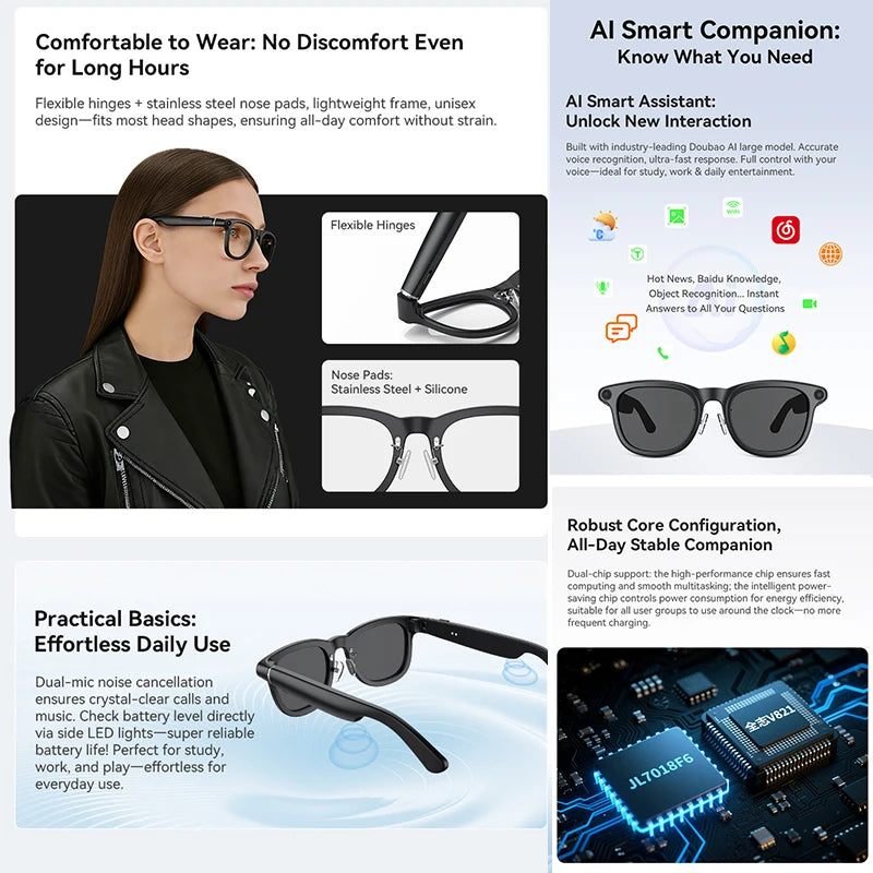 Unisex black smart glasses featuring a built-in camera, flexible hinges, silicone nose pads, and AI translation features.