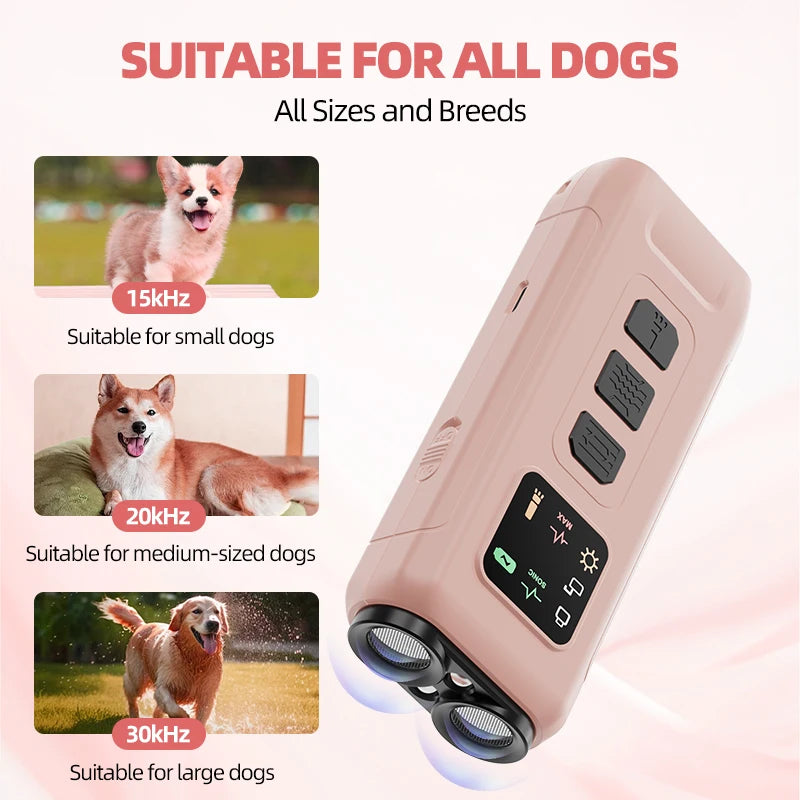 Blush pink rechargeable dog training device with LED strobe, three control buttons and digital frequency display.