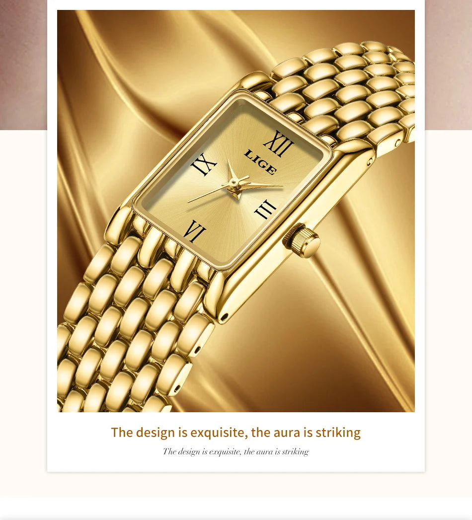 Elegant gold-tone ladies' square watch with a link bracelet and Roman numeral dial on a soft gold satin background.