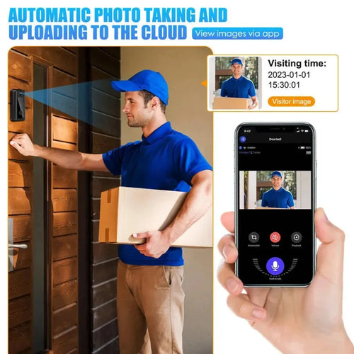 Sleek black 1080p smart video doorbell mounted on a door, with app interface showing a delivery person at the door.