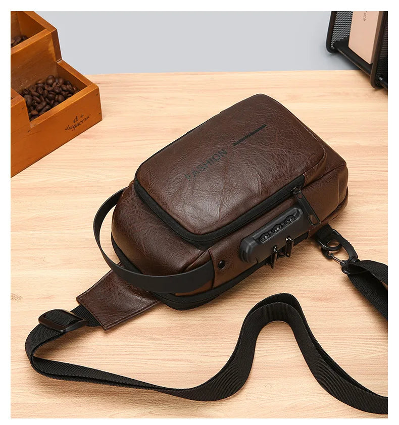 Dark brown, textured leather-look anti-theft sling bag with a secure combination lock and adjustable black strap.
