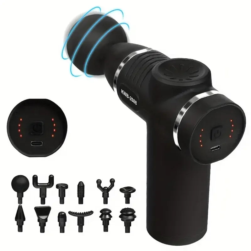 Black mini massage gun with a round head, silver trim, power button, USB-C port, and 12 interchangeable attachments.