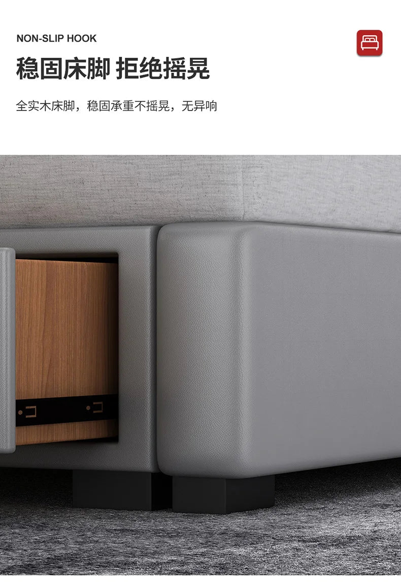 Close-up of a minimalist grey upholstered bed frame with a built-in wooden storage drawer and sturdy black feet.