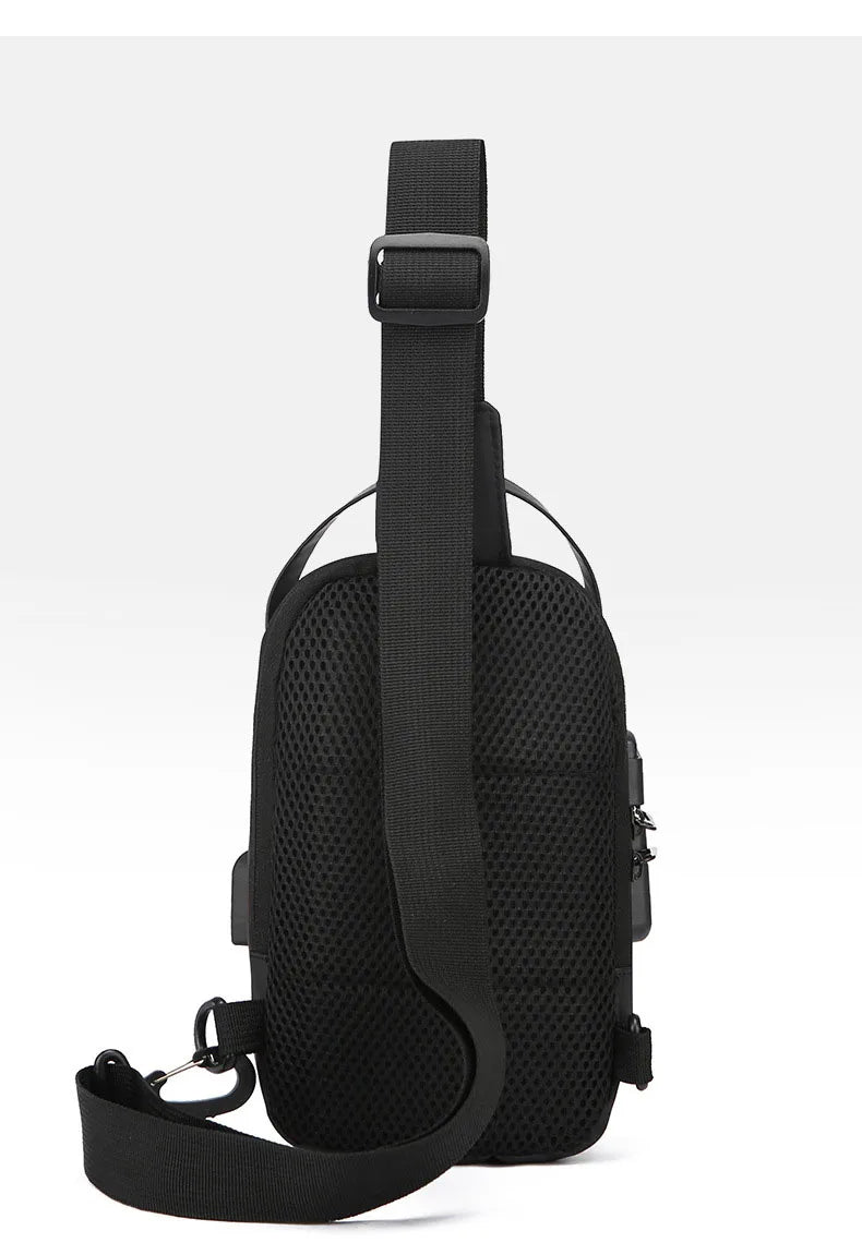 Black anti-theft sling bag with an adjustable strap, breathable mesh back panel, and an external USB charging port.
