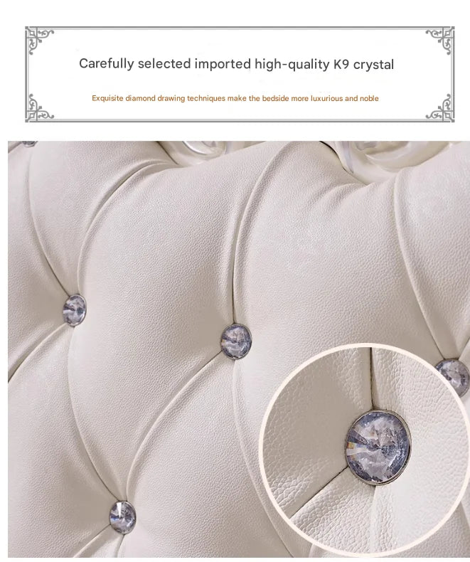 Close-up of a cream-coloured luxury bed headboard with tufted leather detailing and embedded sparkling crystal accents.