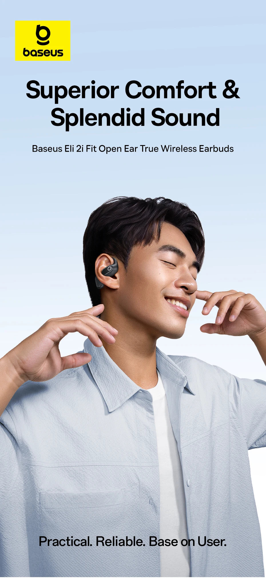 Man wearing sleek, dark grey open-ear wireless earbuds designed for comfort.