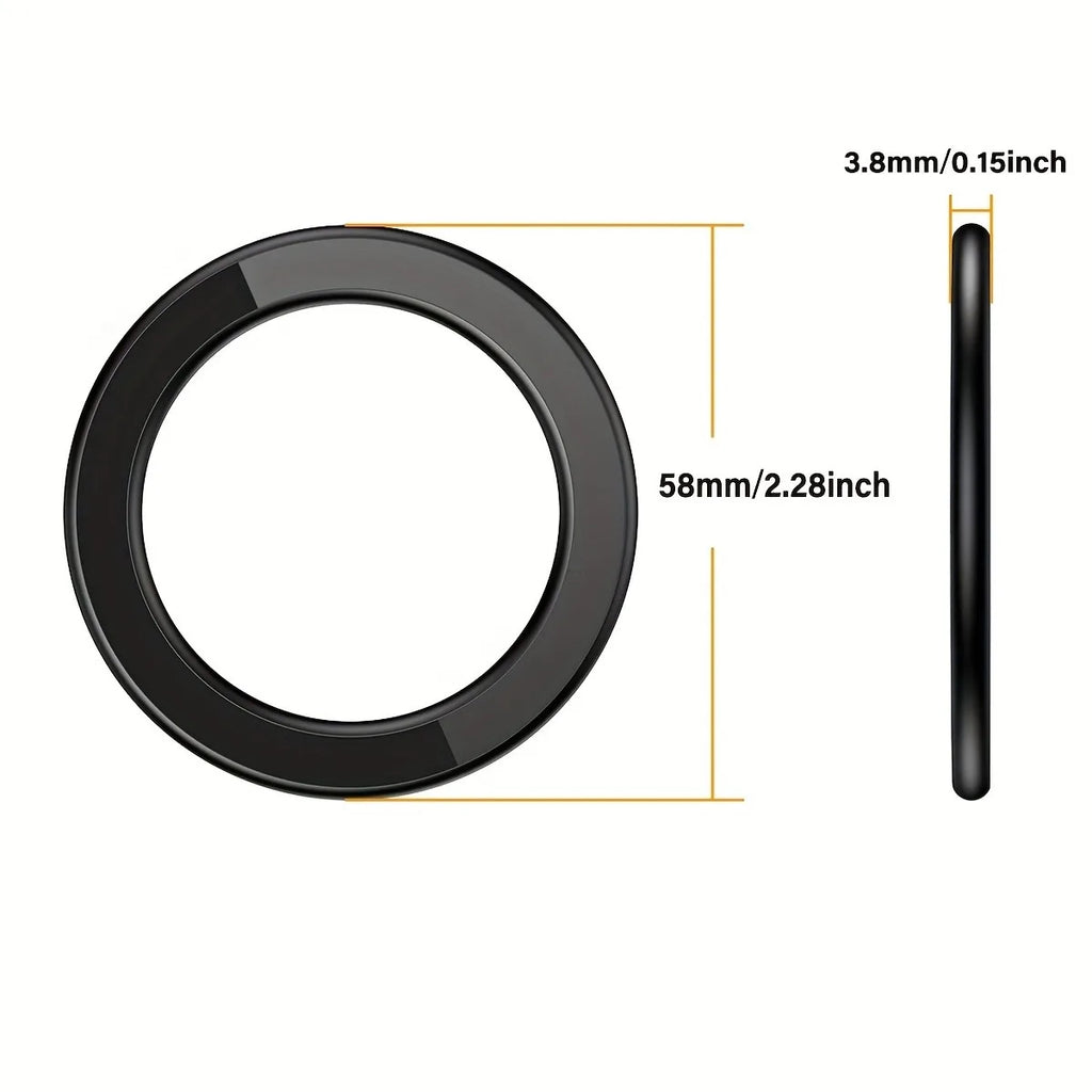 Black magnetic metal ring for phone cases, 58mm diameter and 3.8mm thickness, shown in front and side views.