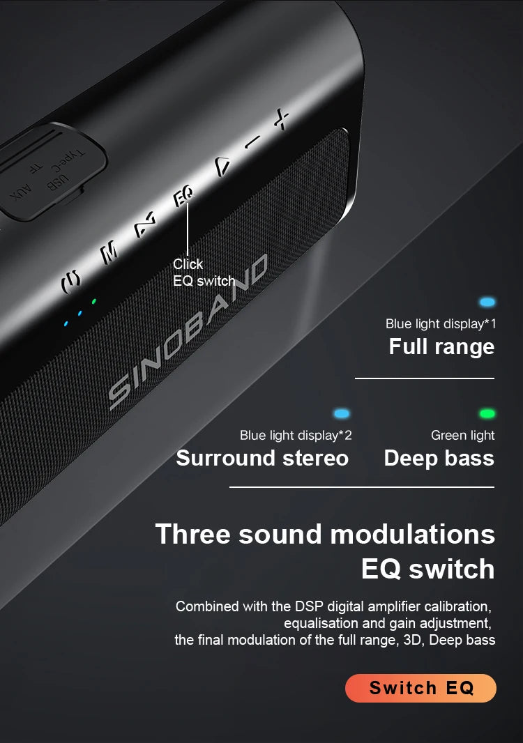 Close-up of a sleek black 80W wireless speaker featuring top-mounted buttons and customisable EQ sound modes.