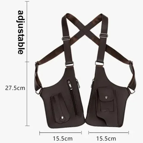 Dark brown tactical chest rig with dual-pouch design, multiple pockets, and adjustable shoulder straps.