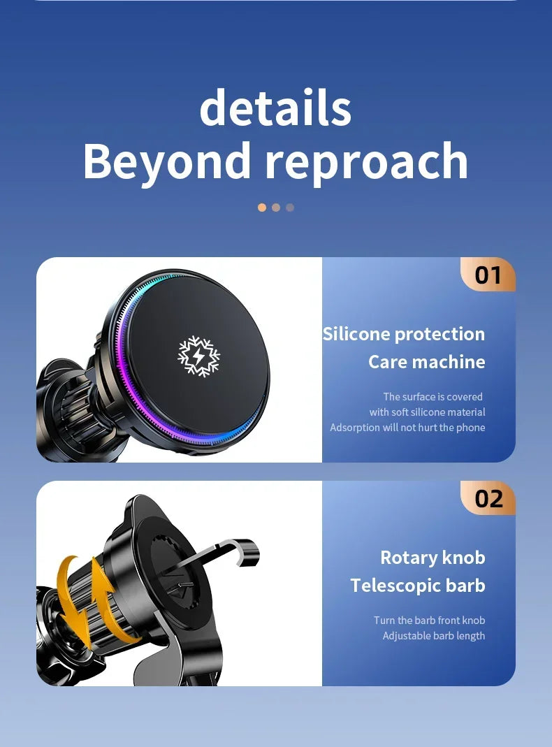 Black circular magnetic car phone mount with colorful LED ring, silicone surface, and adjustable rotary knob mechanism.