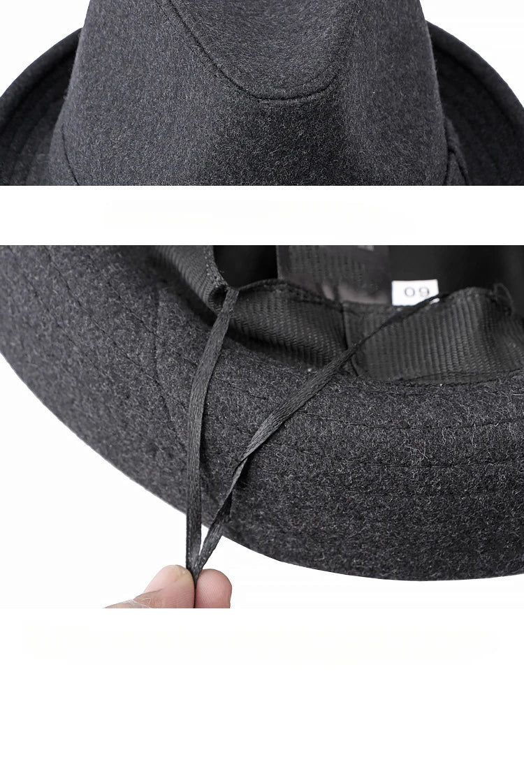 Dark grey felt fedora hat featuring an adjustable internal drawstring for a custom fit.