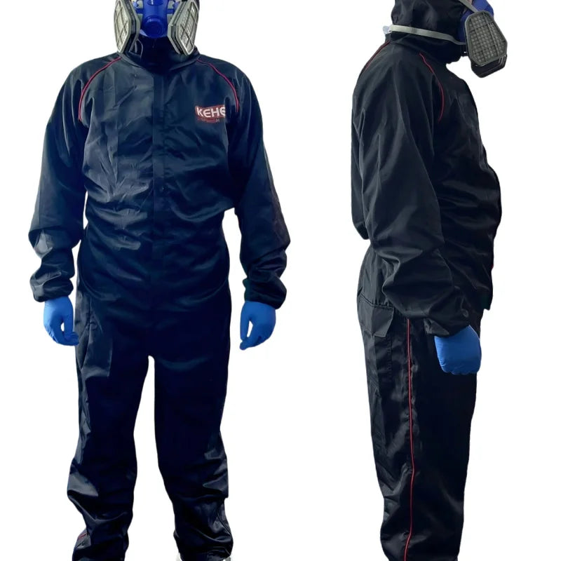 Black protective coveralls with red piping, worn with a blue respirator mask and blue gloves.