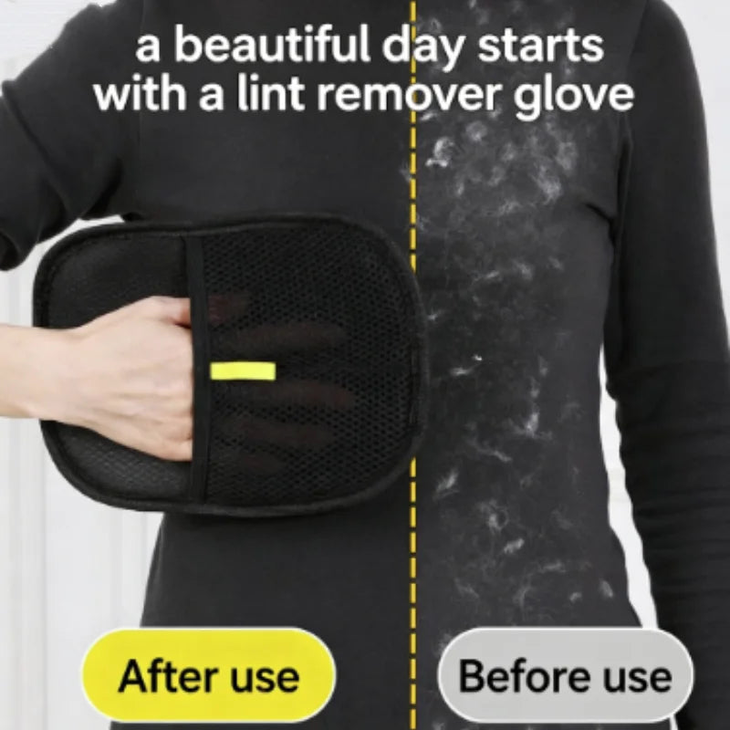 A black lint remover glove in use, showing before and after results on a black top.