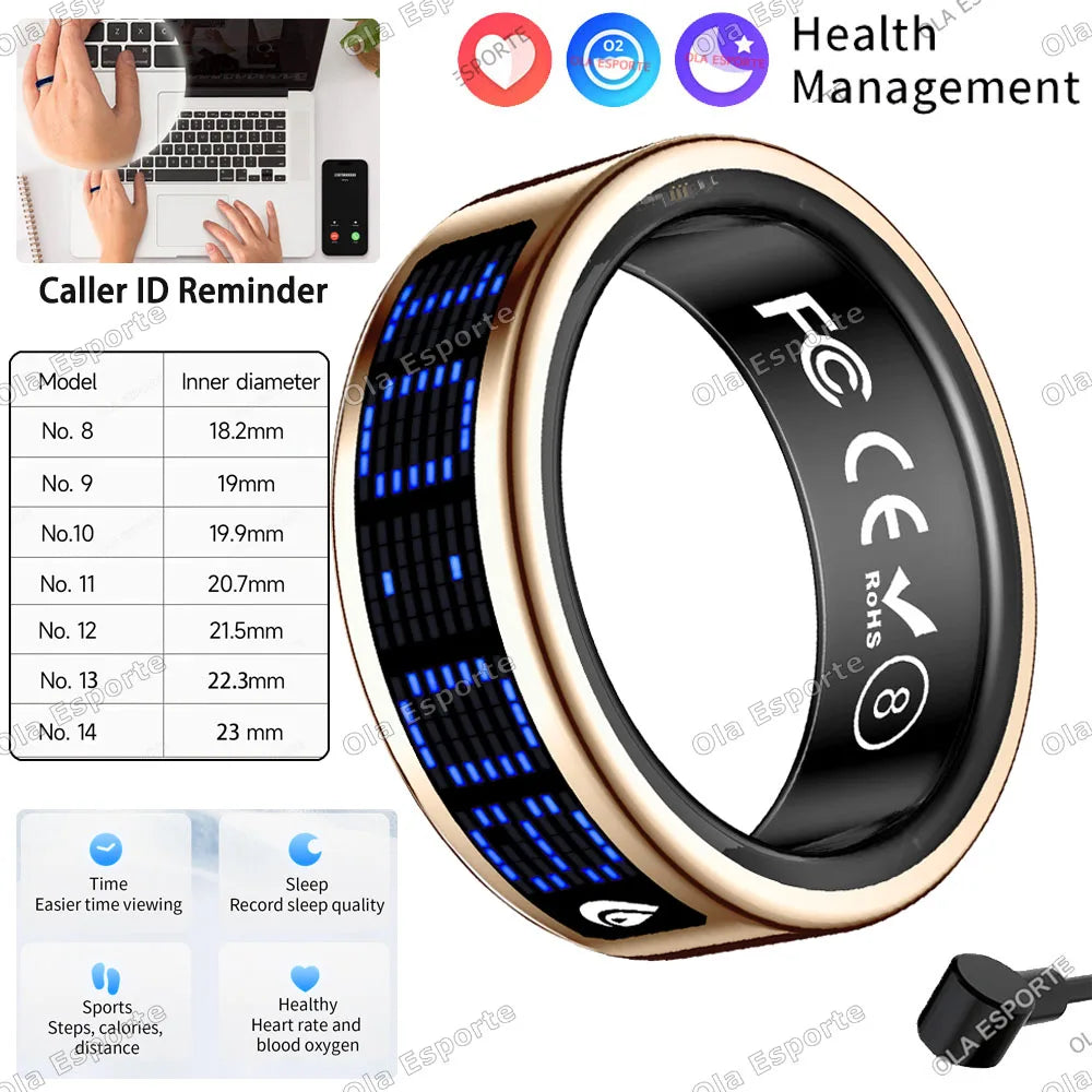 A sleek, gold-tone smart fitness ring with a black inner band and blue LED display for health and activity tracking.