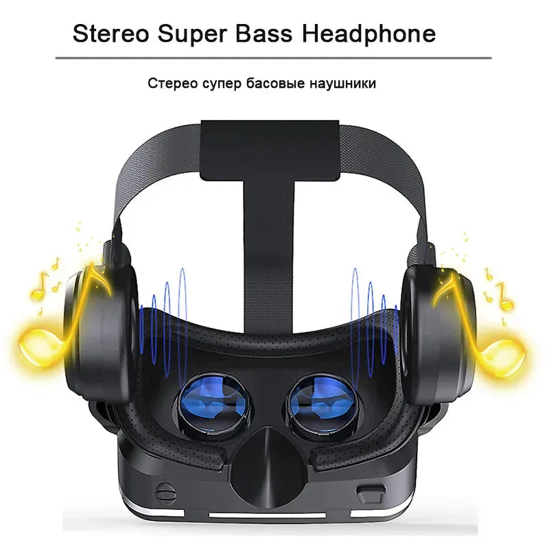 Black 3D virtual reality headset with integrated stereo headphones and blue lenses, featuring musical note graphics.