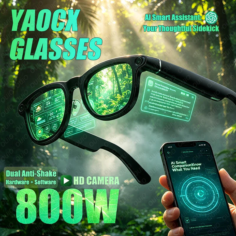 Black smart glasses with an integrated HD camera, displaying digital app interfaces, held near a smartphone.