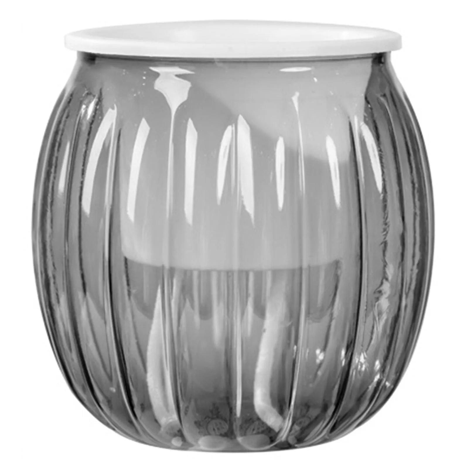 A modern, ribbed, clear grey self-watering planter with a white inner pot and visible watering wick.