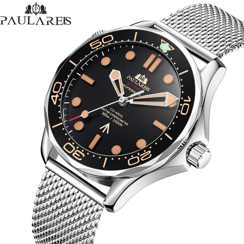 Classic men’s automatic watch with a black dial, gold-toned markers, and a silver stainless steel mesh strap.