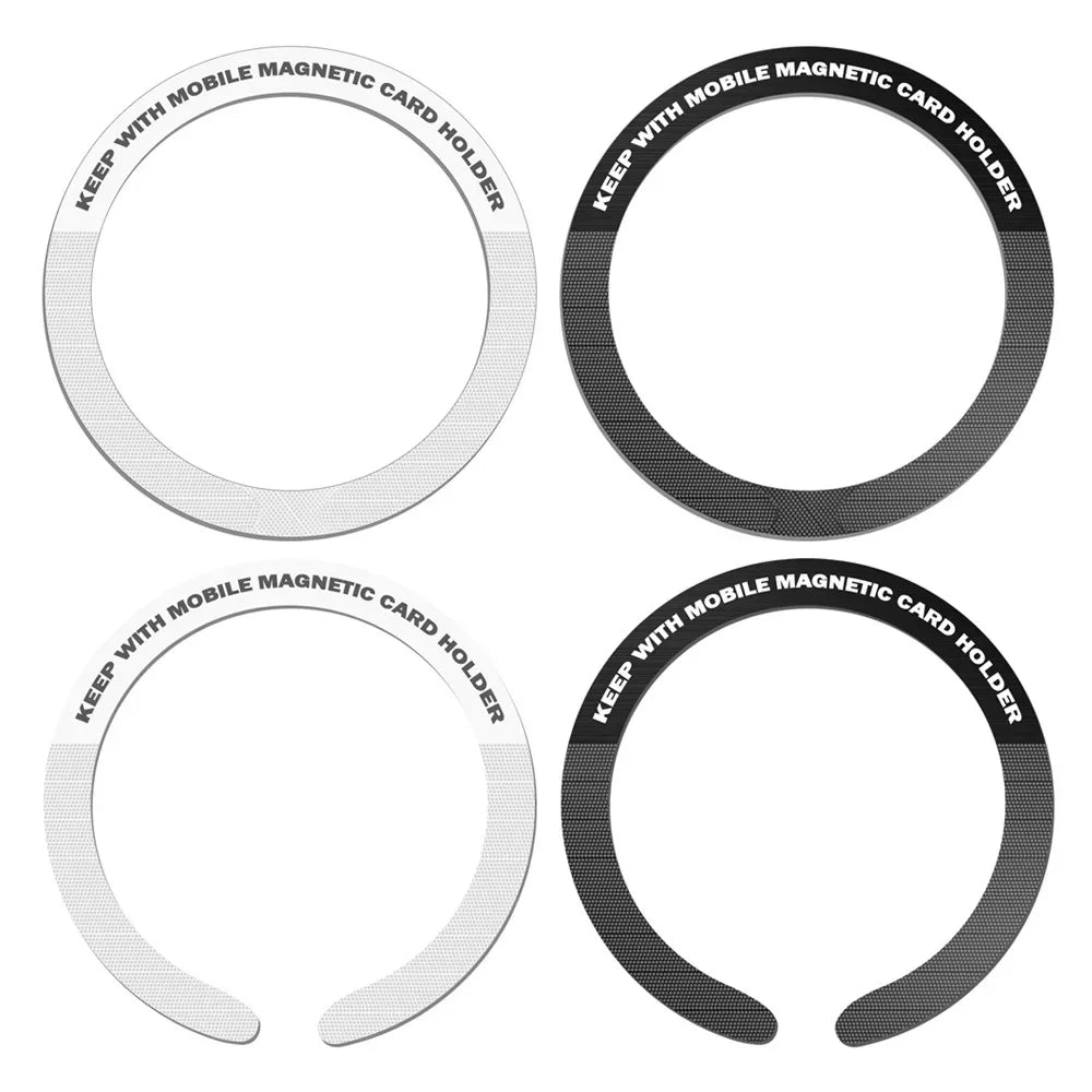 Four circular magnetic phone card holders in black and white with textured surfaces and printed text.