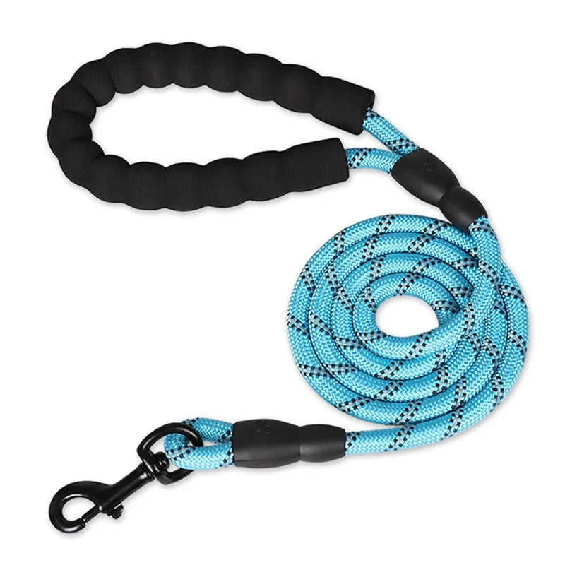 Blue reflective rope dog lead with a black padded foam handle and metal trigger clip.