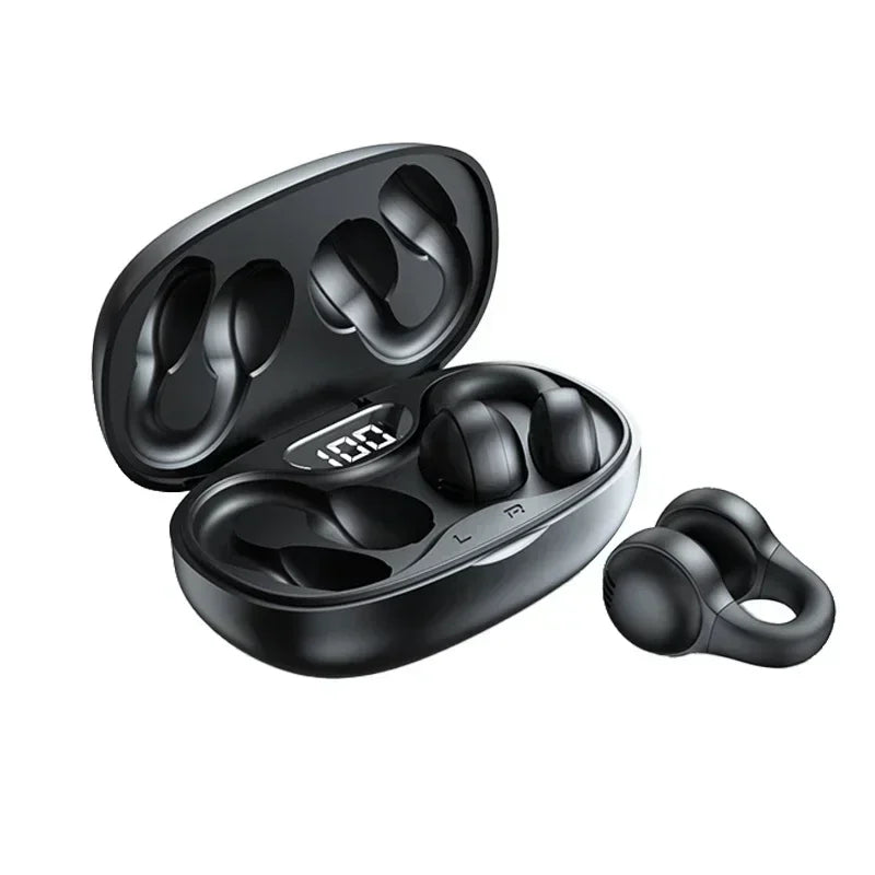 Black wireless open-ear earbuds with a charging case featuring a digital battery display.