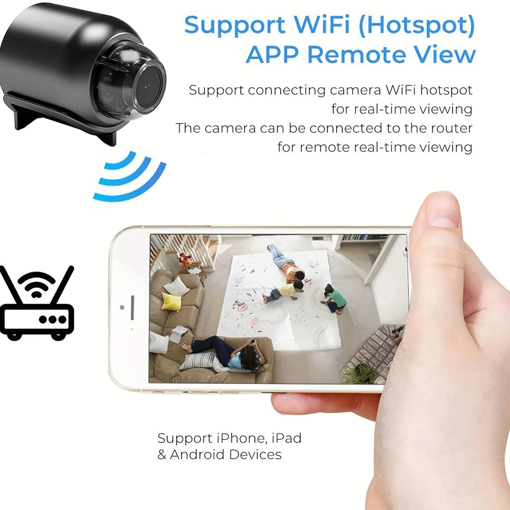 Black wireless security camera streaming a live indoor view to a smartphone via Wi-Fi.