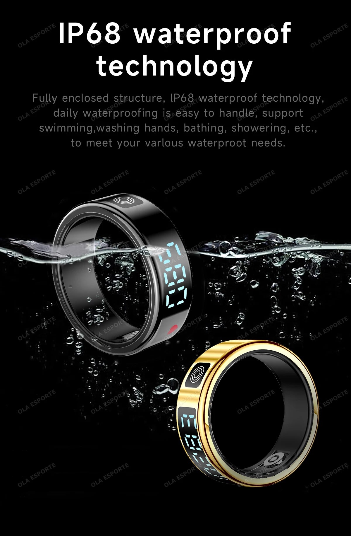 Black and gold waterproof smart rings with digital displays, shown against a water splash background.
