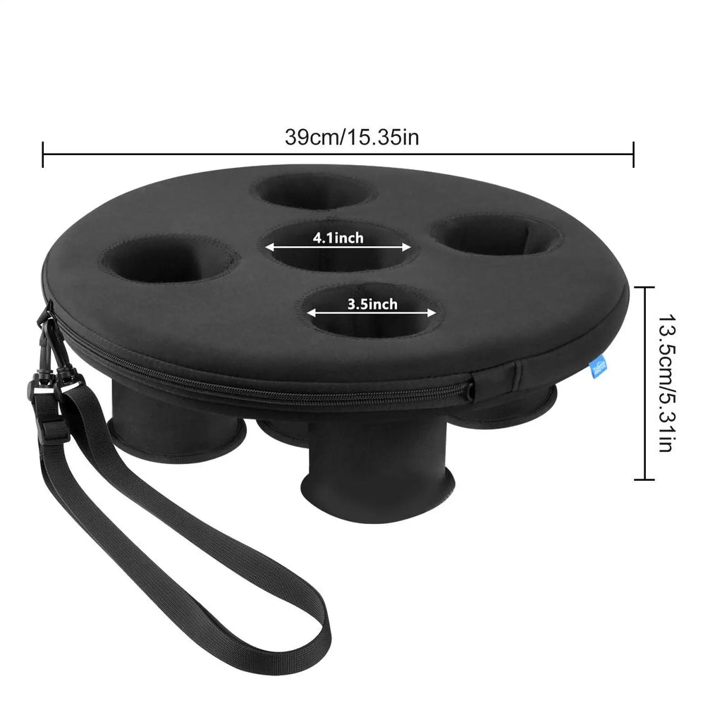 Black round cup holder with five cup slots, a zipper, a strap, and dimension labels.