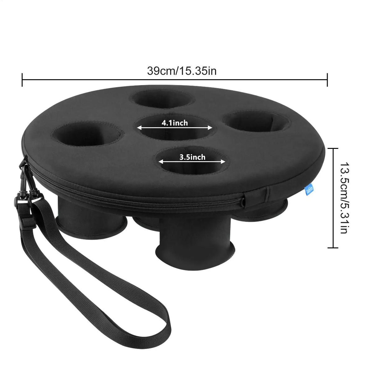 Black round cup holder with five cup slots, a zipper, a strap, and dimension labels.