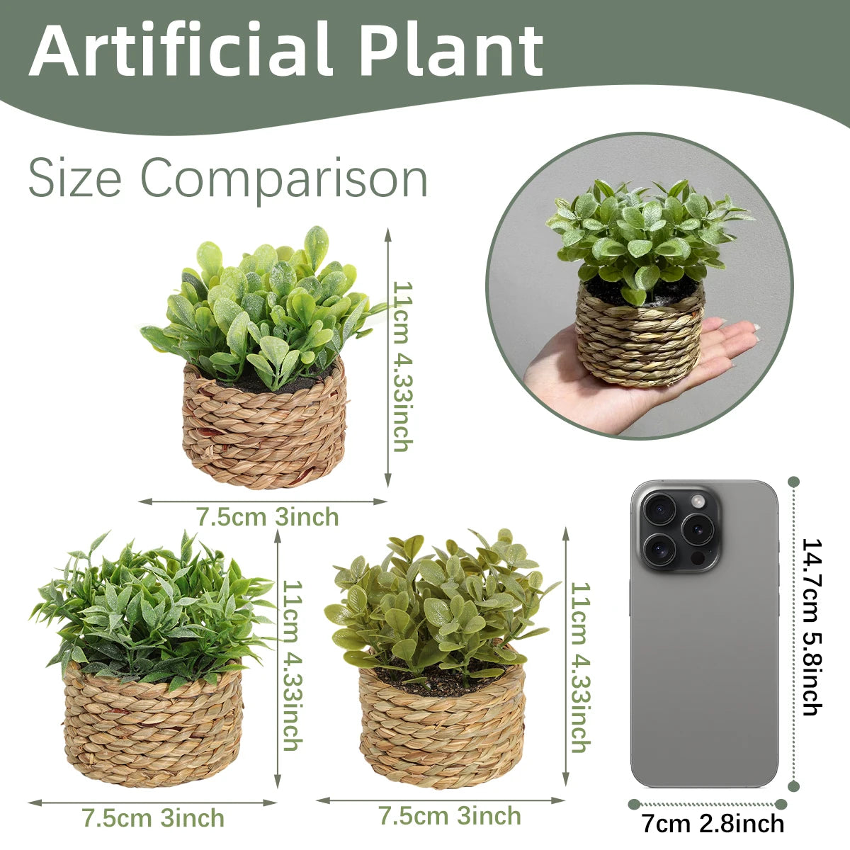 Small artificial green plants in woven seagrass pots, shown with dimensions and a smartphone for size reference.