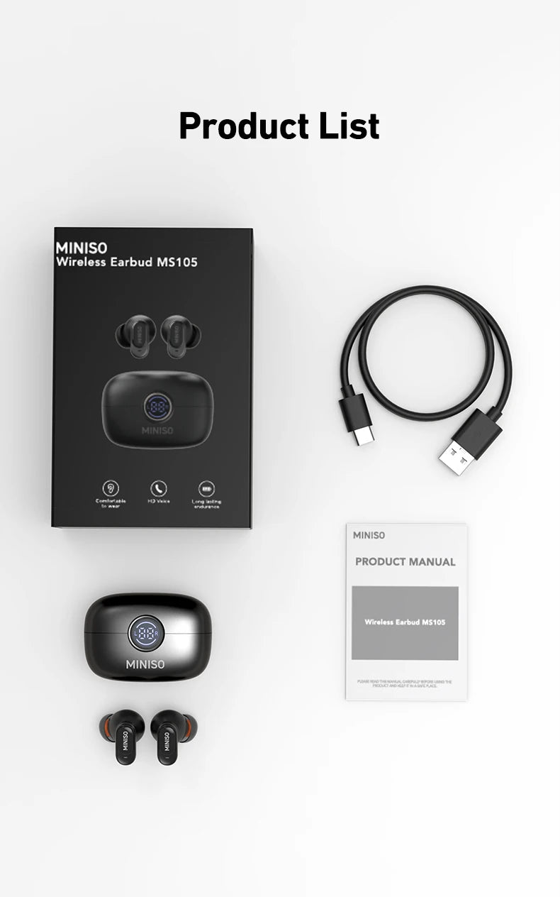 Black wireless earbuds and a glossy charging case with a digital display, including a charging cable and manual.