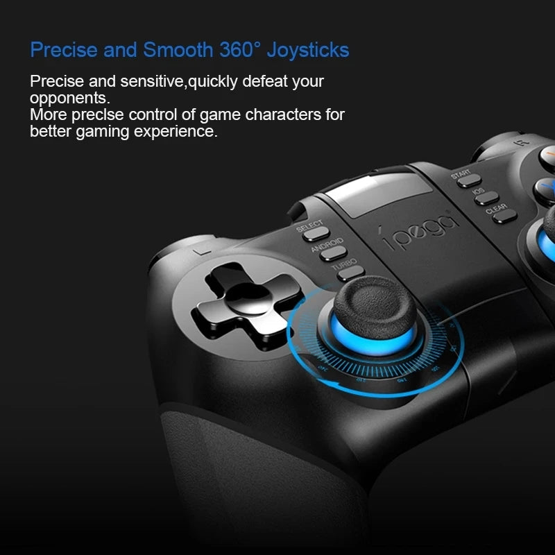 Black wireless gaming controller with a 360-degree joystick featuring blue glowing accents.