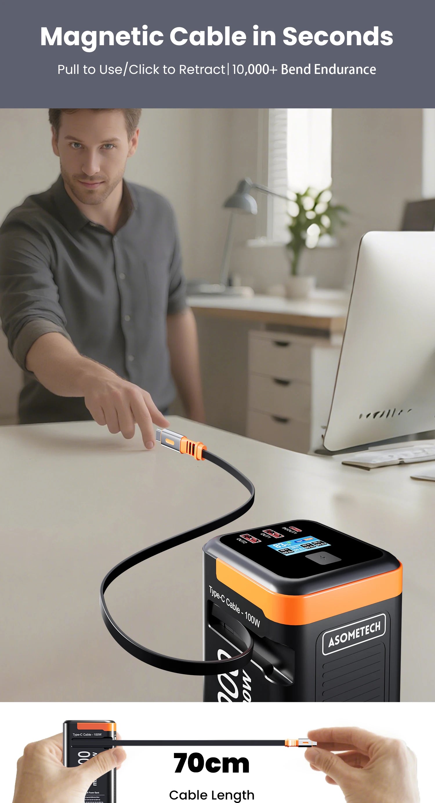 Black and orange 50000mAh power bank with an integrated 70cm retractable magnetic fast-charging cable and LED display.