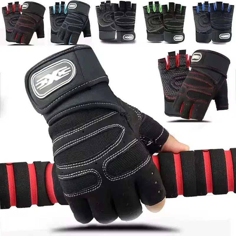 Black fingerless gym gloves with padded palms and wrist support straps, shown in multiple colour accent options.