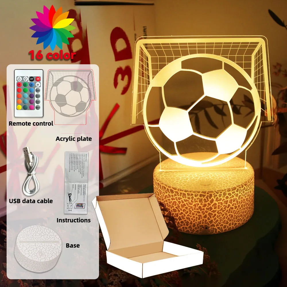 3D football goal LED night light with 16-color remote, USB cable, and patterned base. Perfect for sports fans.